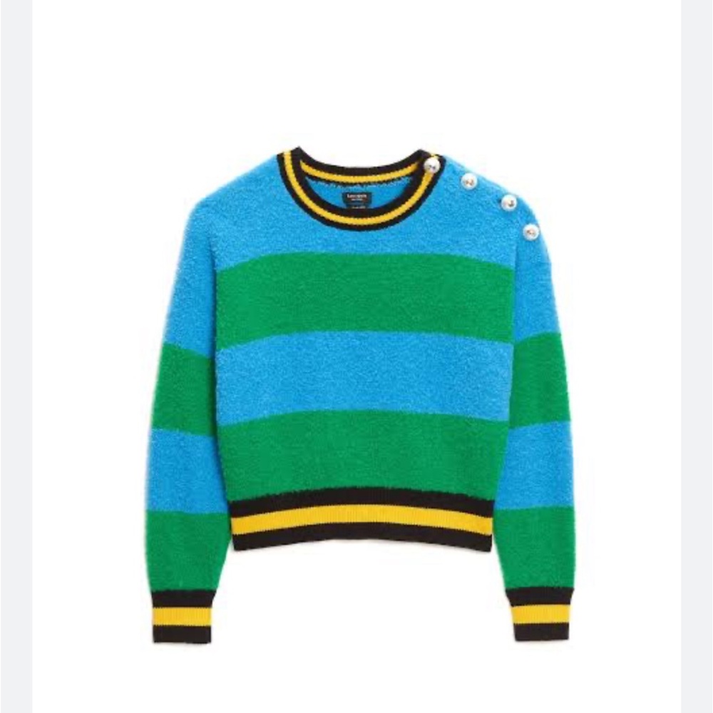 kate spade Blue & Green Striped Crewneck Sweater with Button Detail